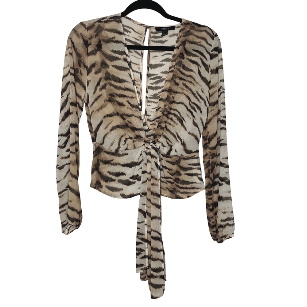 Forever 21 Tiger Print Blouse Womens‎ Small Tan Brown Knot Front Tie Night Out